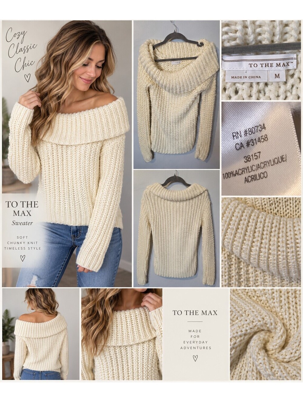 To The Max Cream Off Shoulder Chunky Knit Sweater size M